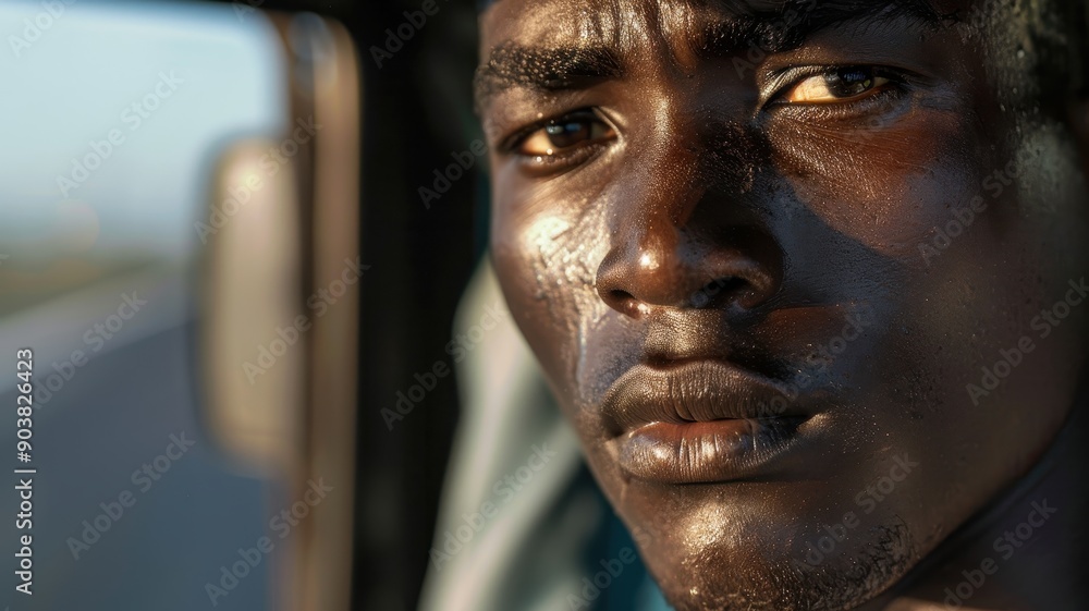 A close-up portrait of a young Afro-Ecuadorian male truck driver A close-up portrait of a young Afro-Ecuadorian male truck driver