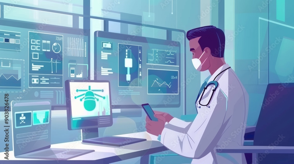 A male doctor in a white coat interacts with technology, monitoring health data on multiple screens while wearing a mask. A male doctor in a white coat interacts with technology, monitoring health data on multiple screens while wearing a mask.