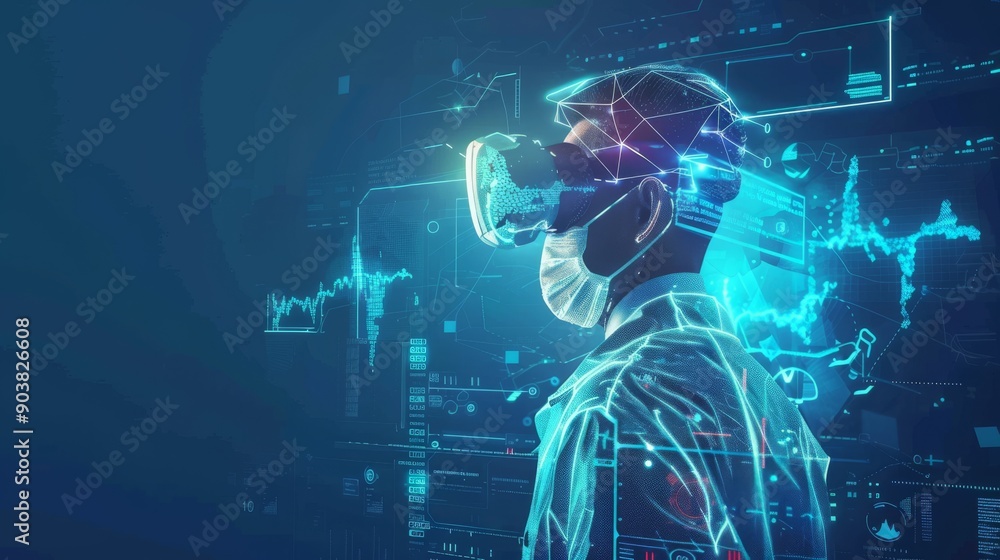 A young male wearing a virtual reality headset, immersed in a digital landscape full of data and graphics. A young male wearing a virtual reality headset, immersed in a digital landscape full of data and graphics.