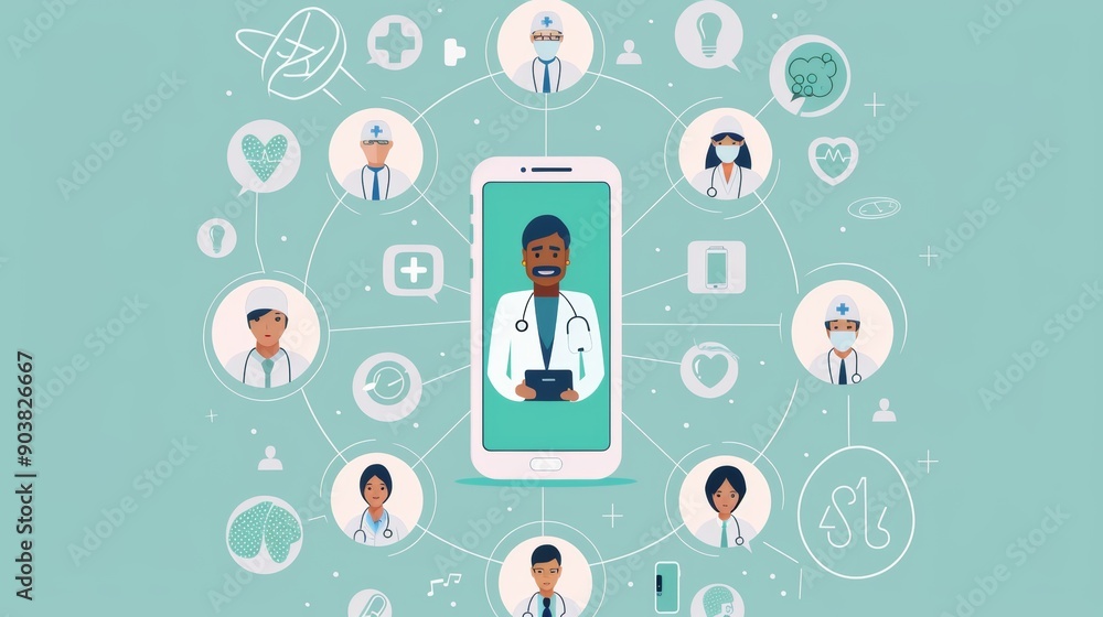 A digital illustration of a male doctor interacting with various healthcare professionals through a smartphone, symbolizing telemedicine. A digital illustration of a male doctor interacting with various healthcare professionals through a smartphone, symbolizing telemedicine.