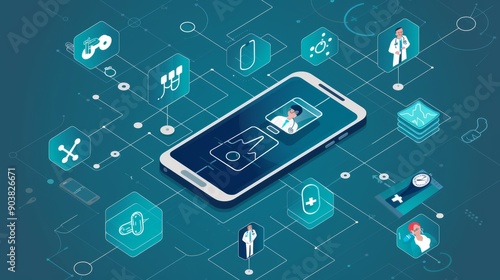 Wallpaper Mural An illustration of a smartphone displaying a healthcare app, surrounded by various medical icons and tools, symbolizing digital health solutions. Torontodigital.ca
