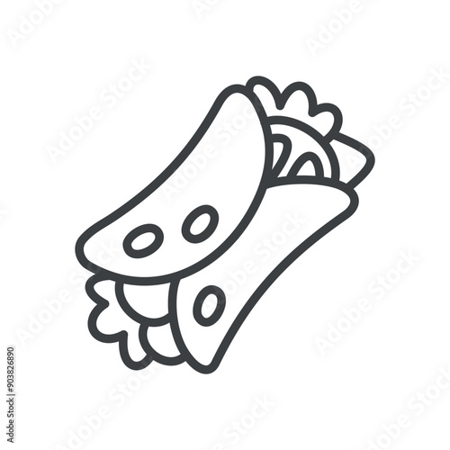 Cute doner icon. Hand drawn monochrome illustration of a shawerma sandwich isolated on a white background. Kawaii sticker. Vector 10 EPS.