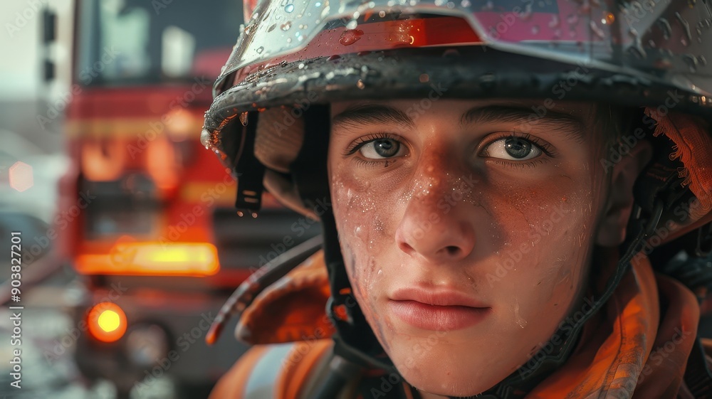 Close-up portrait of a young American male firefighter Close-up portrait of a young American male firefighter