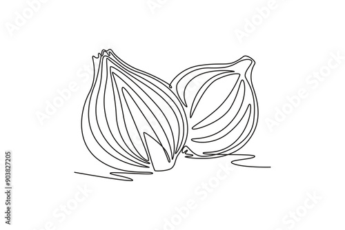 Continuous one line drawing of whole and sliced healthy organic bulb onion for groceries logo identity. Fresh common onion concept vegetable icon. Single line draw design vector graphic illustration