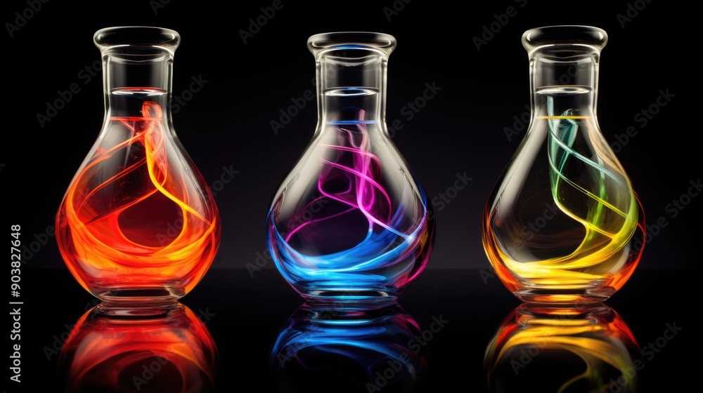 Scientific glassware with vibrant, colorful reagents Scientific glassware with vibrant, colorful reagents
