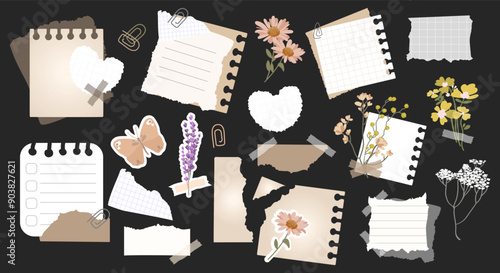 Scraps paper note sheet torn from notebook set. Scrapbooking elements, pieces of torn paper wild flowers, butterfly,lavender plants, in vintage colors. Trendy collage vector set, retro modern stickers