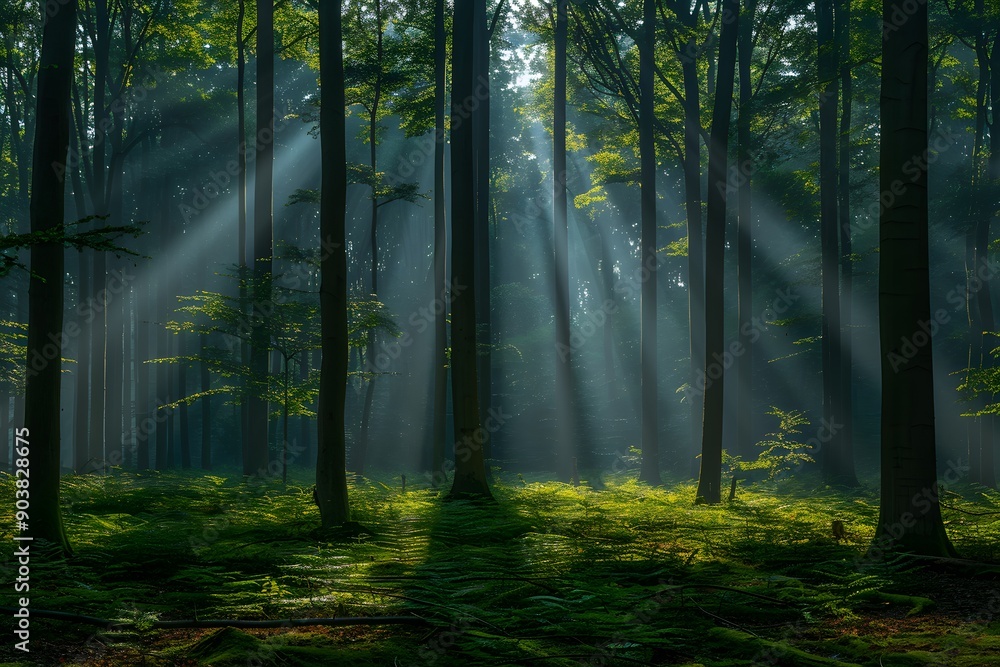 Obraz premium Serene Sunlit Forest Scene for Nature Lovers and Environmental Design Projects