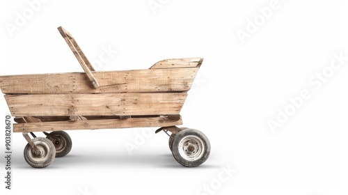 Detailed rustic wooden wheelbarrow with vintage design, placed on an isolated background, generous space for text around