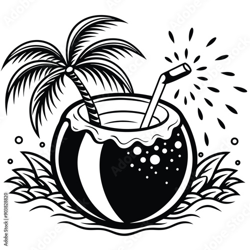 A vivid and lively illustration of a coconut on a beach, designed to be printed on a T-shirt.