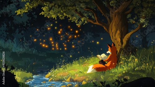 A cozy woodland scene featuring a friendly fox reading a book under a tree, with a gentle stream flowing nearby and fireflies glowing in the twilight, in a serene cartoon style, on a black background 