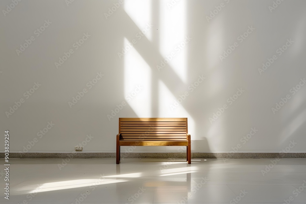 Fototapeta premium Wooden Bench With Sunbeams Inside A White Room
