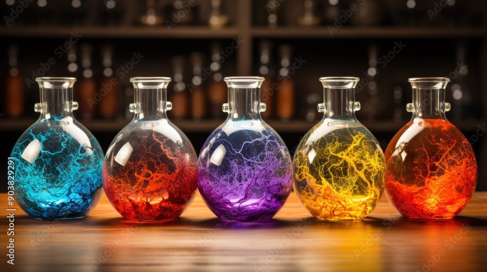 Scientific glassware with vibrant, colorful reagents Scientific glassware with vibrant, colorful reagents