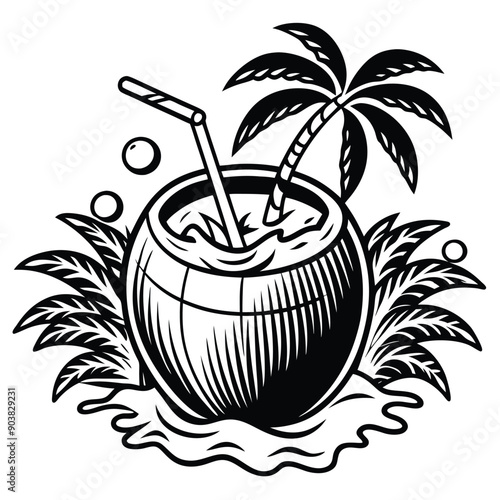 A vivid and lively illustration of a coconut on a beach, designed to be printed on a T-shirt.