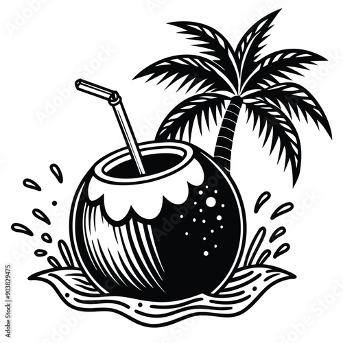 A vivid and lively illustration of a coconut on a beach, designed to be printed on a T-shirt.