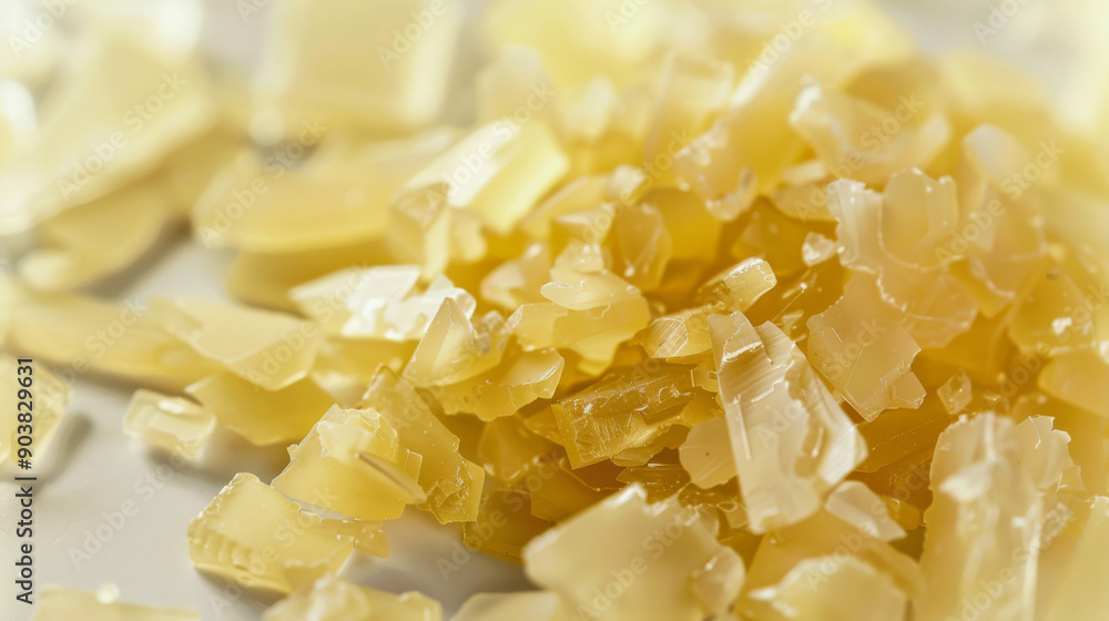 Close-up of shiny, golden wax flakes scattered on a surface, capturing their texture and luminous quality. Close-up of shiny, golden wax flakes scattered on a surface, capturing their texture and luminous quality.