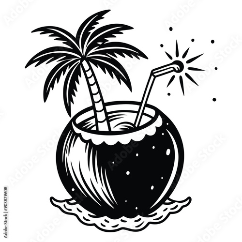 A vivid and lively illustration of a coconut on a beach, designed to be printed on a T-shirt.