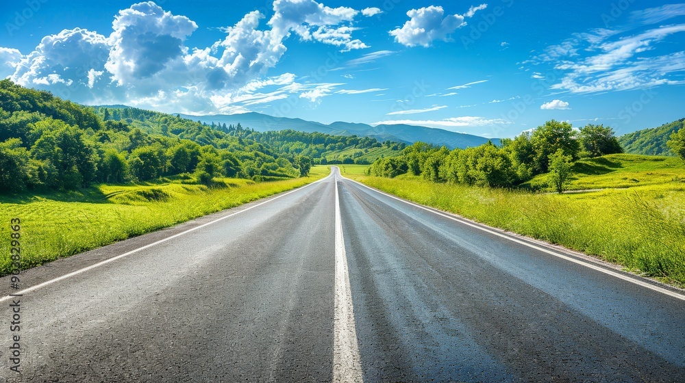 Fototapeta premium An open road stretching through a lush green landscape under a blue sky