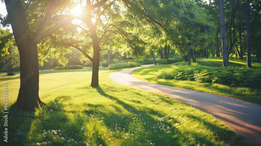 A tranquil park scene captures a sunlit path winding through lush greenery, creating a serene and inviting atmosphere. A tranquil park scene captures a sunlit path winding through lush greenery, creating a serene and inviting atmosphere.