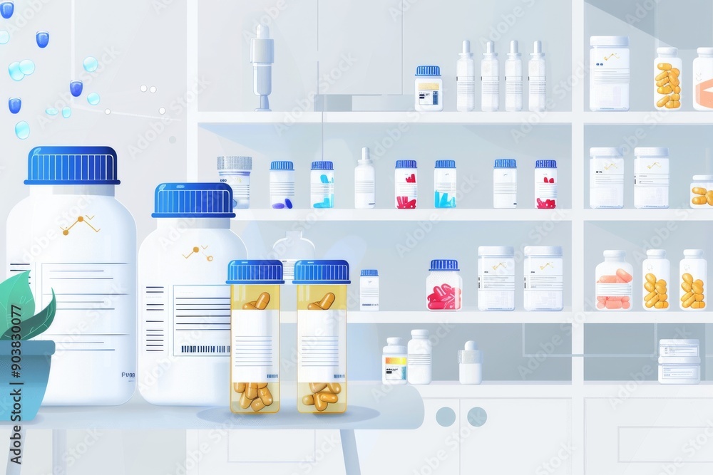 Pharmaceutical products on a shelf in a modern pharmacy setting symbolizing medication healthcare and wellness. Pharmaceutical products on a shelf in a modern pharmacy setting symbolizing medication healthcare and wellness.