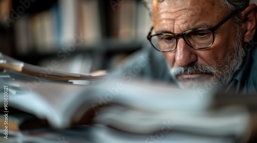 An insightful scholar engrossed in reading multiple books at a desk in a cozy library filled with numerous volumes. This scene signifies knowledge, exploration, and wisdom. photo