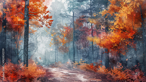 A vibrant watercolor-style scene of a forest trail in the early morning, with dew and autumn colors, creating a peaceful and serene atmosphere. Suitable for nature-themed designs or artistic...