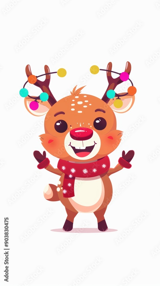 Naklejka premium Cute Reindeer with christmas festive lights antlers, a simple flat vector illustration, on a white background. reindeer wearing a santa hat. Cartoon of a deer