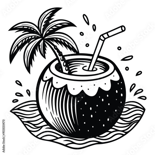 A vivid and lively illustration of a coconut on a beach, designed to be printed on a T-shirt.