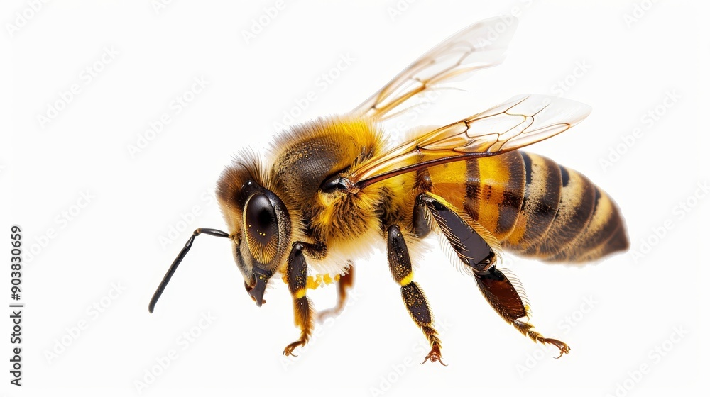 High-detail image of a bee, pollen on its legs, isolated background for easy text addition, suitable for advertisements High-detail image of a bee, pollen on its legs, isolated background for easy text addition, suitable for advertisements