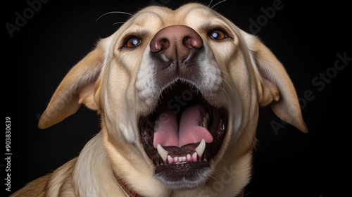 photograph yellow lab mouth open photo