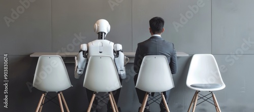 AI robot sitting on a chair next to an elderly man with coffee, both waiting for a job interview. AI vs human concept. futuristic technology coexisting with people in a professional environment