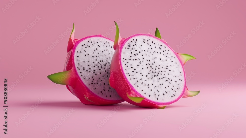 High-resolution image of a dragon fruit cut in half, bright and detailed, isolated against a neutral background with room for text or graphic elements High-resolution image of a dragon fruit cut in half, bright and detailed, isolated against a neutral background with room for text or graphic elements