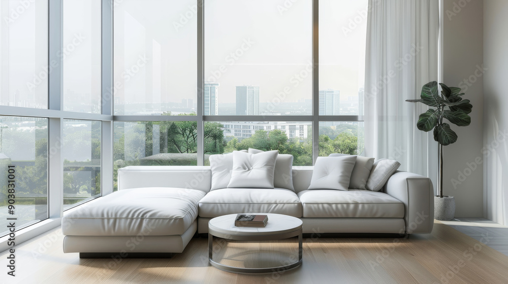 Fototapeta premium Minimalist living room with a spacious white sofa and round coffee table, surrounded by large panoramic windows offering a spectacular cityscape view.