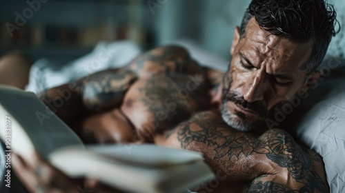 An intensely focused tattooed individual reads a book while lying in bed, showcasing their muscular physique and elaborate tattoos, creating a thoughtful and calm scene.