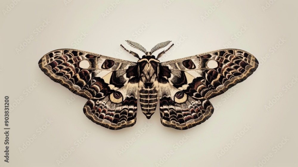 Fototapeta premium Intricate moth design with complex patterns, isolated on a plain background, featuring a large area for copy text placement
