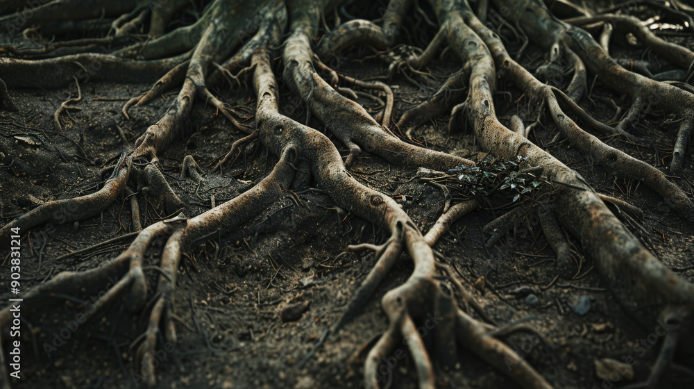 Close-up of exposed tree roots sprawling across the forest floor, capturing the intricate, raw beauty of nature's underground network. Close-up of exposed tree roots sprawling across the forest floor, capturing the intricate, raw beauty of nature's underground network.