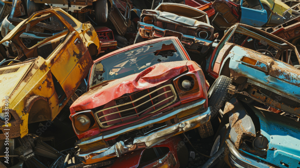 An aerial view of a scrapyard filled with old, rusting cars stacked haphazardly, creating a patchwork of colors and textures in the warm afternoon sun. An aerial view of a scrapyard filled with old, rusting cars stacked haphazardly, creating a patchwork of colors and textures in the warm afternoon sun.