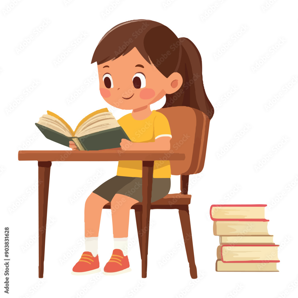 little girl sitting at the table reading a book School isolated on white background in cartoon style. little girl sitting at the table reading a book School isolated on white background in cartoon style.