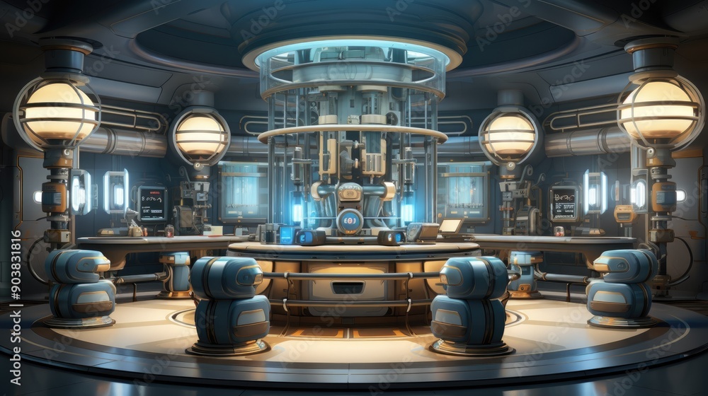 Fototapeta premium Sci-fi laboratory with glowing test tubes and robotic arms