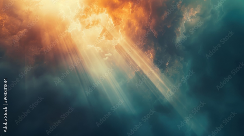 Fototapeta premium A dramatic sky showcases sun rays piercing through the clouds, creating a stunning atmospheric aura.