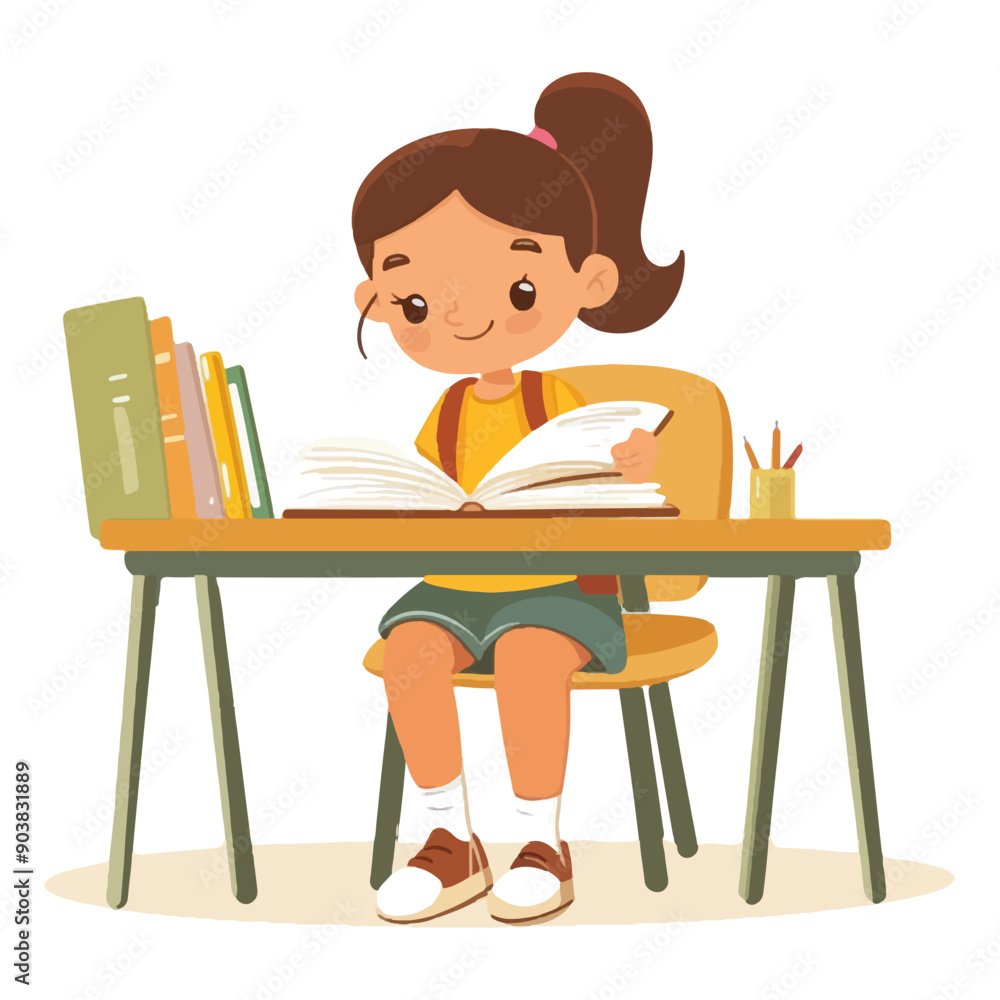 little girl sitting at the table reading a book School isolated on white background in cartoon style. little girl sitting at the table reading a book School isolated on white background in cartoon style.