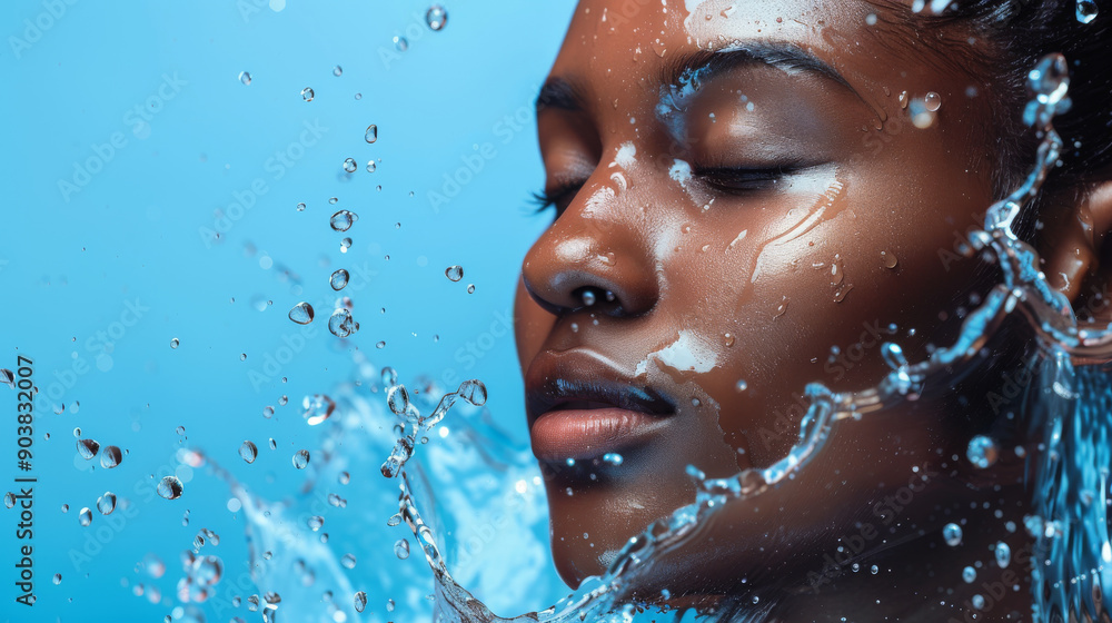 Close-up of a serene woman with her eyes closed, experiencing the refreshing splash of water around her face against a blue background. Close-up of a serene woman with her eyes closed, experiencing the refreshing splash of water around her face against a blue background.