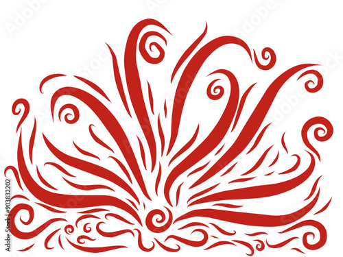 majestic nine tails from japanese mythology calligraphic style illustration. red line doodle art.