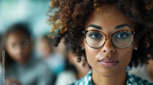 A woman wearing glasses is deeply focused in a classroom environment, surrounded by blurred students, representing a serious, proactive approach towards future academic endeavors. photo