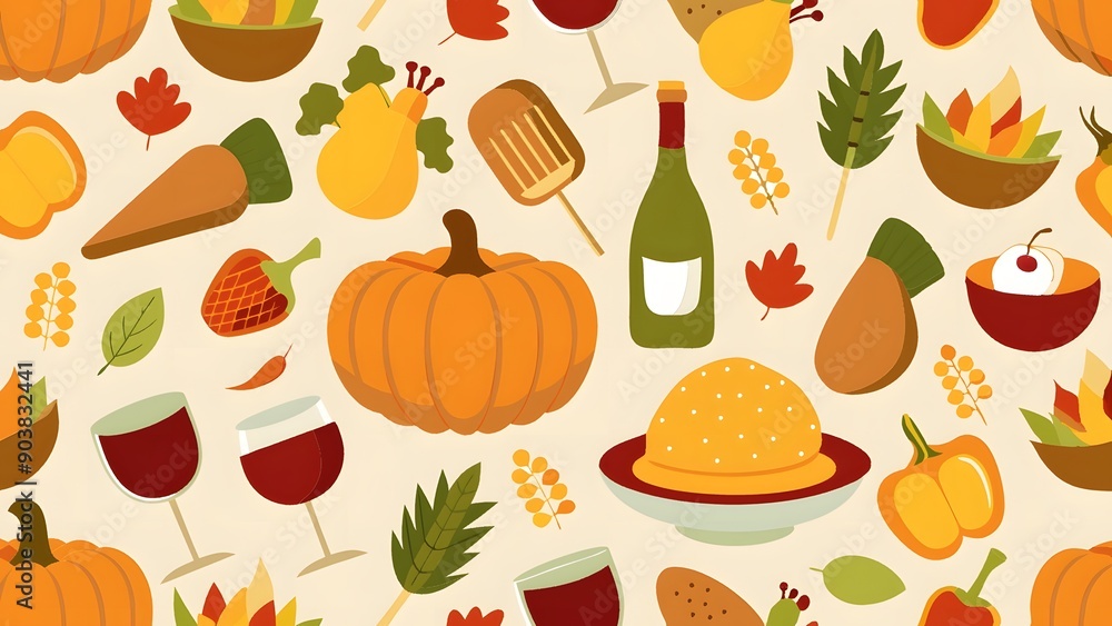 Thanks giving seamless autumn food roast turkey corn wine pumpkin family dinner greeting card repeating pattern design. Harvest festival. Fall party invitation banner. Happy Thanksgiving. Thanks giving seamless autumn food roast turkey corn wine pumpkin family dinner greeting card repeating pattern design. Harvest festival. Fall party invitation banner. Happy Thanksgiving.