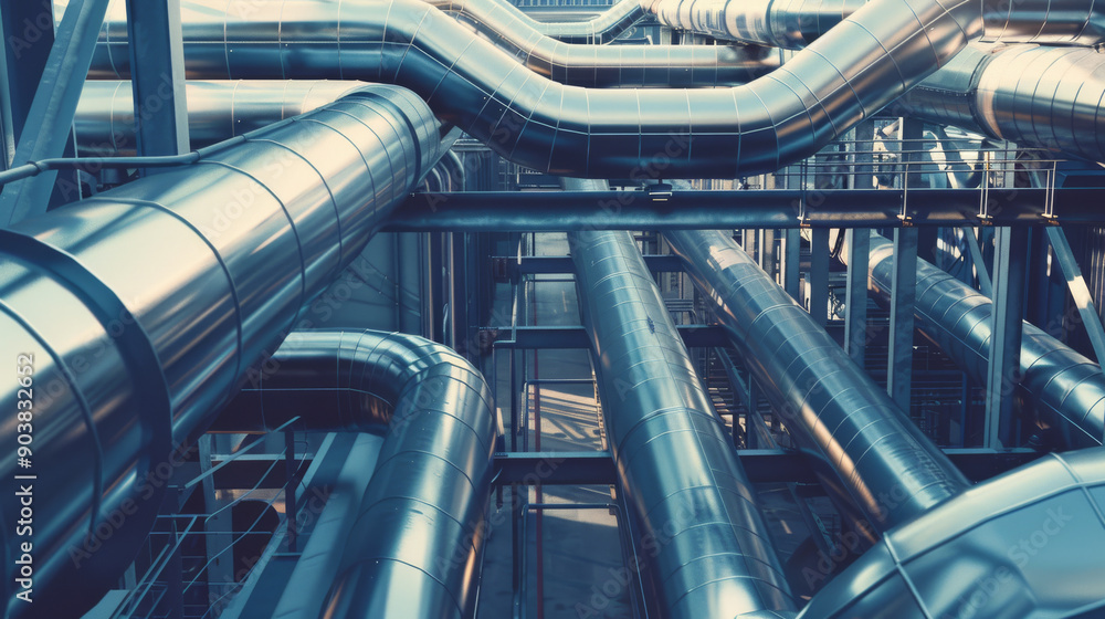 Sleek industrial setting with intertwining metal pipes shining under ambient light, showcasing modern engineering design and infrastructure. Sleek industrial setting with intertwining metal pipes shining under ambient light, showcasing modern engineering design and infrastructure.