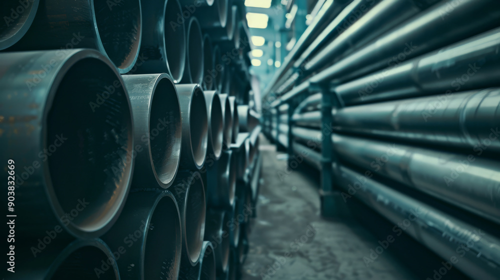 An industrial setting showcasing rows of heavy duty metal pipes under a cool, artificial light, highlighting the raw and gritty ambience of the environment.
