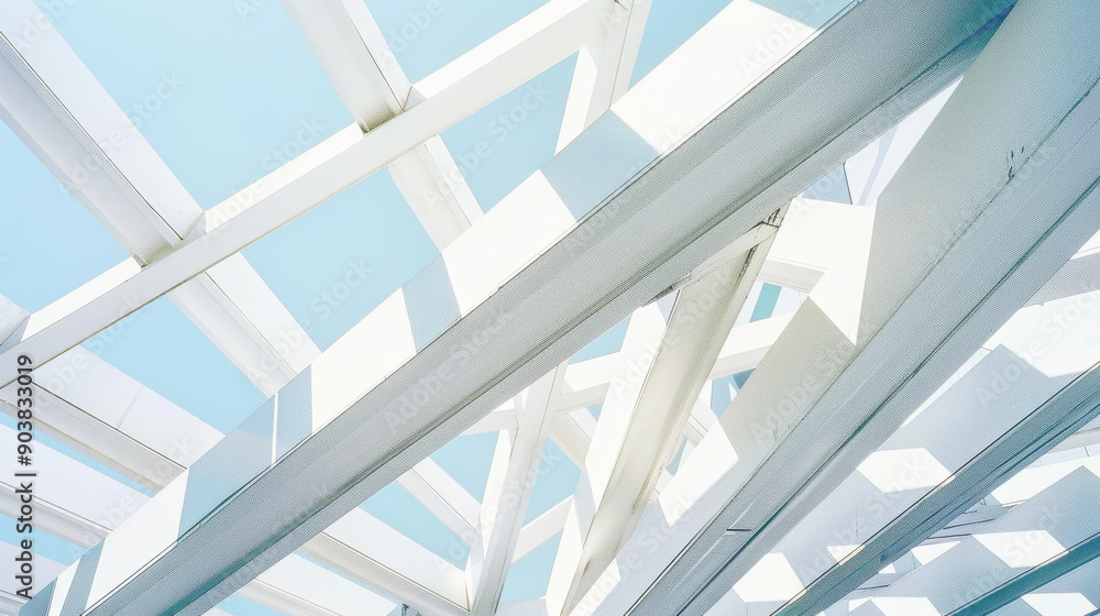 Naklejka premium Sunlight streams through modern architectural beams, casting intricate shadows and creating a geometric dance of light and shadows.