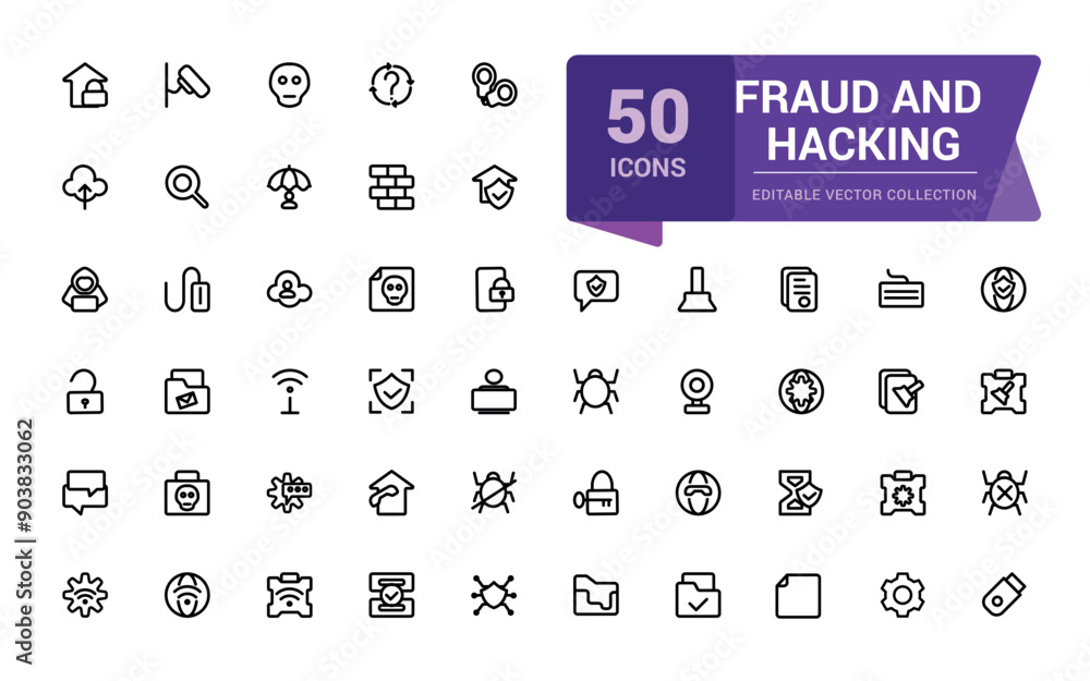 Fraud and Hacking line icon set. Contains linear outline icons as Virus, Fraud, Threat, Theft, Hacker, Criminal, Thief. Editable vector stroke for web and ui. Fraud and Hacking line icon set. Contains linear outline icons as Virus, Fraud, Threat, Theft, Hacker, Criminal, Thief. Editable vector stroke for web and ui.