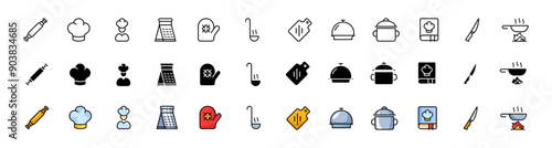Cooking set icons. Kitchen utensils icons. Linear, silhouette and flat styles. Vector icons.