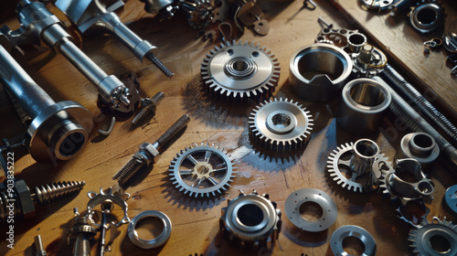 A close-up of various metal gears and components spread on a wooden table, showcasing the intricacy of mechanical design.